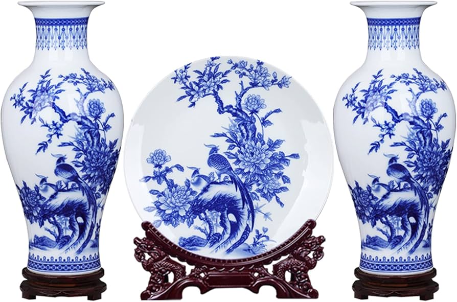 中国美術景徳鎮写白磁鶴首花瓶